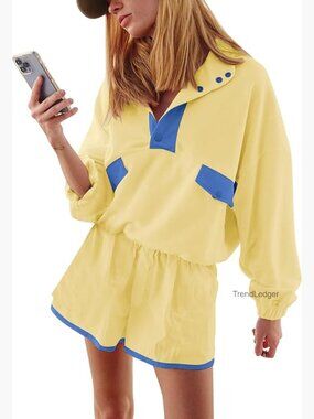 Oversized Quarter Button Sweatsuit Set with Shorts, Cotton Blend, Small